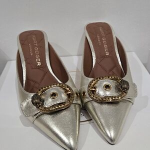Kurt Geiger Silver Metallic Pointed Mule with Decorative Buckle